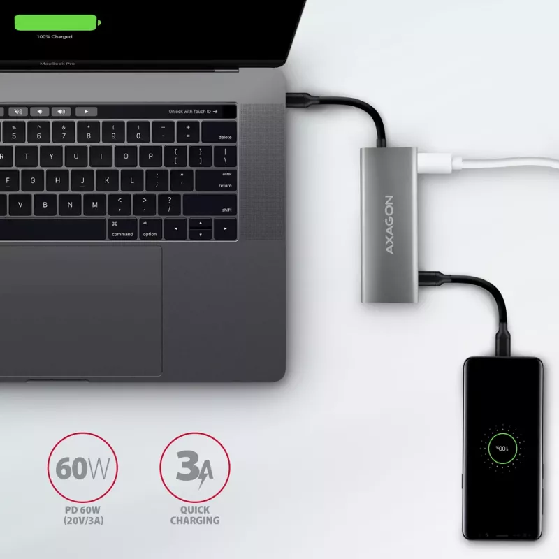 Axagon HMC-5G21 USB 10Gbps-hub, 2x USB-A, 2x USB-C, HDMI 4k/30Hz, PD 60W, USB-C-kabel