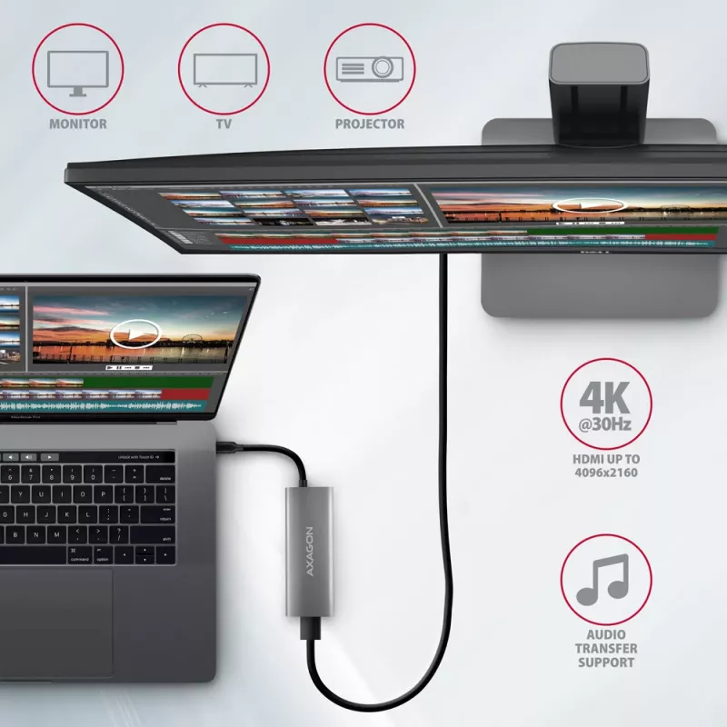 Axagon HMC-5G21 USB 10Gbps-hub, 2x USB-A, 2x USB-C, HDMI 4k/30Hz, PD 60W, USB-C-kabel
