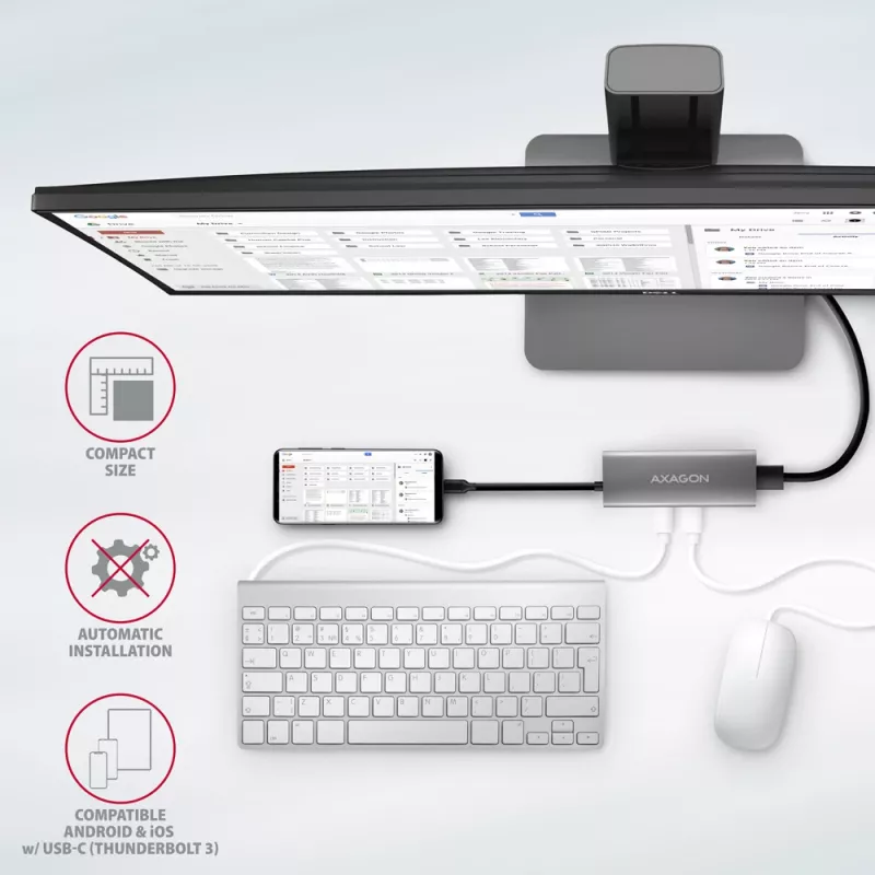 Axagon HMC-5G21 USB 10Gbps-hub, 2x USB-A, 2x USB-C, HDMI 4k/30Hz, PD 60W, USB-C-kabel