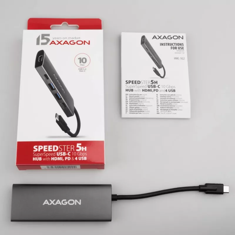 Axagon HMC-5G21 USB 10Gbps-hub, 2x USB-A, 2x USB-C, HDMI 4k/30Hz, PD 60W, USB-C-kabel
