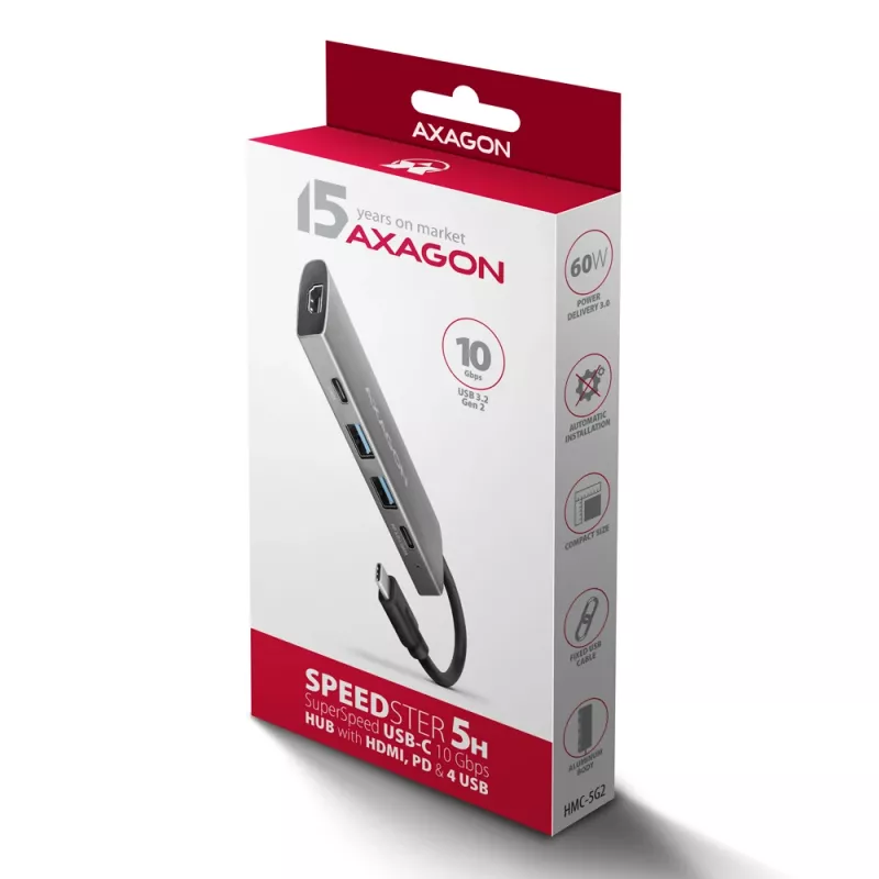 Axagon HMC-5G21 USB 10Gbps-hub, 2x USB-A, 2x USB-C, HDMI 4k/30Hz, PD 60W, USB-C-kabel