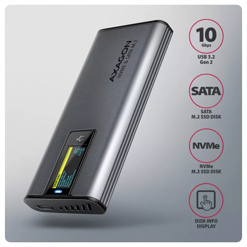 Axagon EEM2-SD2 USB-C 10Gbps - M.2 NVMe & SATA SSD DISPLAY-behuizing