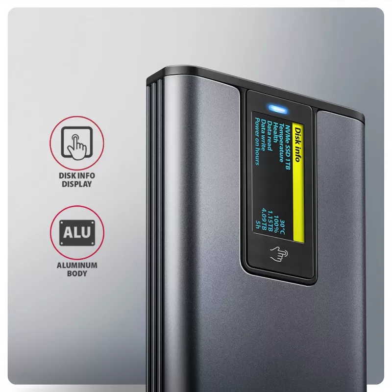 Axagon EEM2-SD2 USB-C 10Gbps - M.2 NVMe & SATA SSD DISPLAY-behuizing