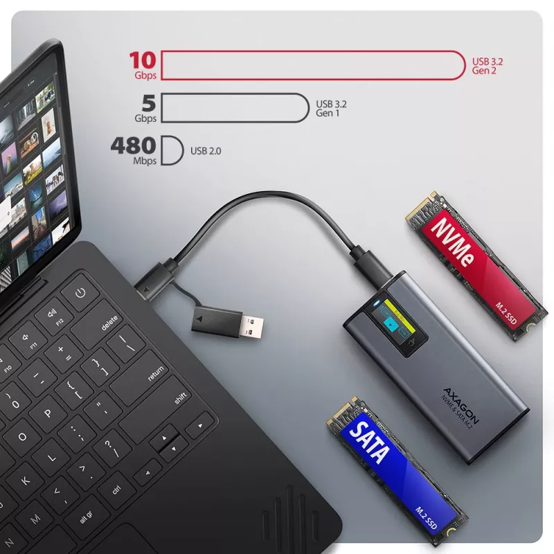 Axagon EEM2-SD2 USB-C 10Gbps - M.2 NVMe & SATA SSD DISPLAY-behuizing
