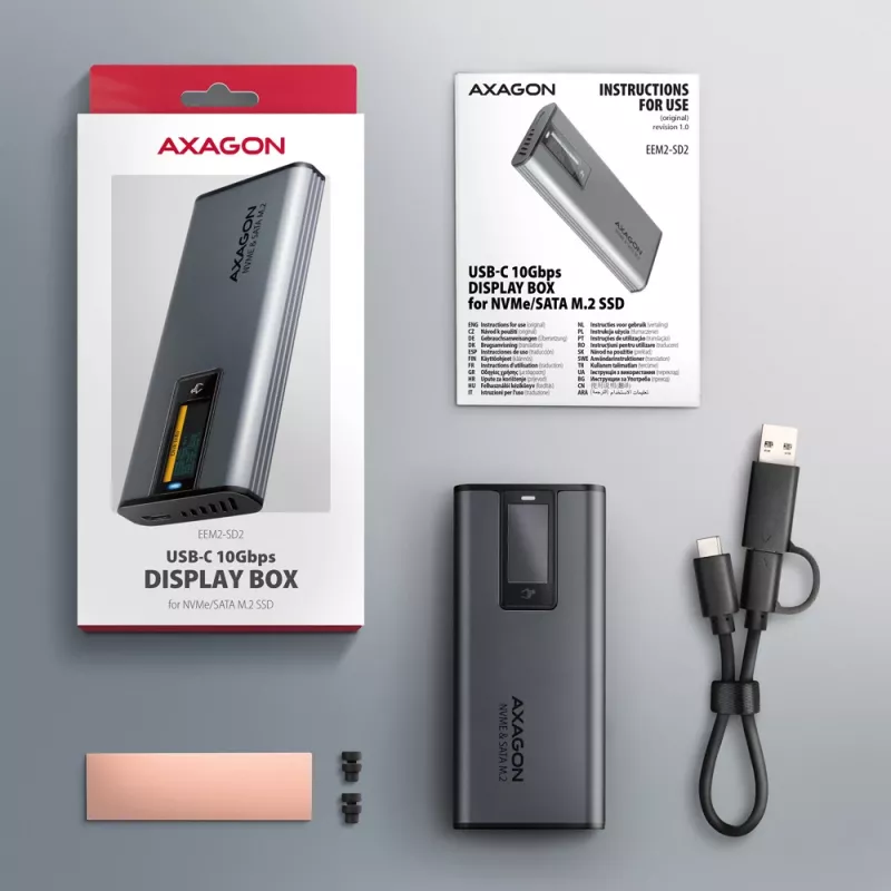 Axagon EEM2-SD2 USB-C 10Gbps - M.2 NVMe & SATA SSD DISPLAY-behuizing