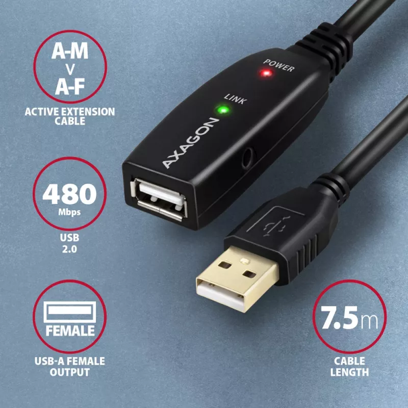 Axagon ADR-207 USB-verlengkabel 7,5 m USB 2.0 zwart