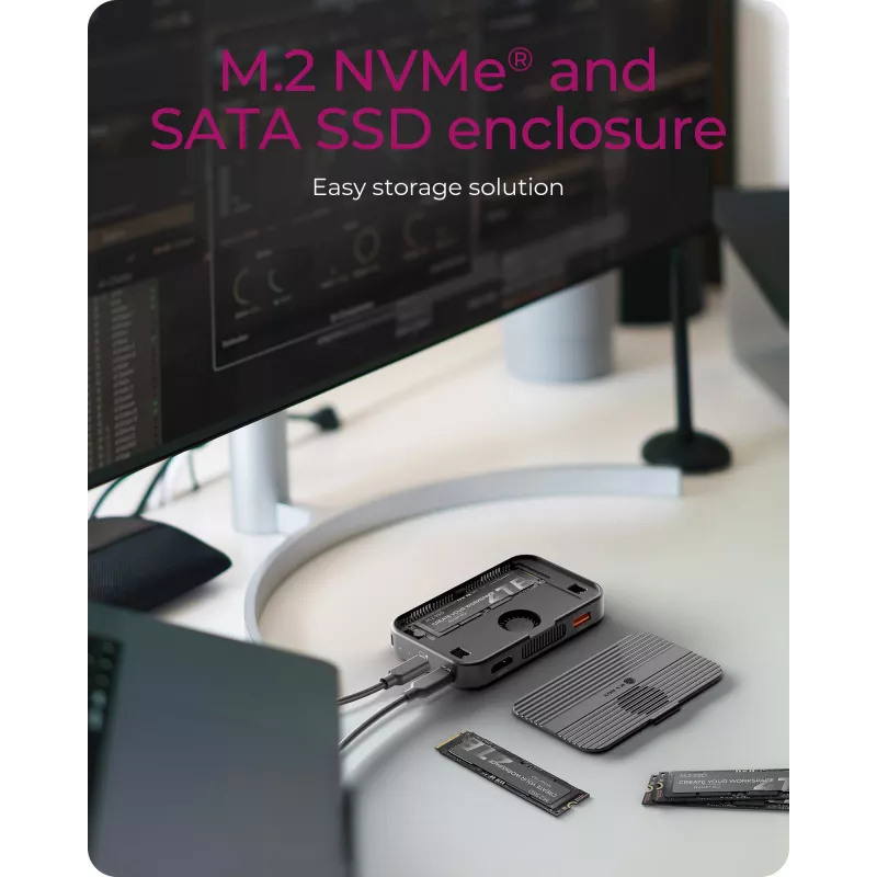 ICY BOX IB-DK4071M-CU31 7-in-1 dockingstation met M.2 NVMe/SATA SSD-behuizing, USB 3.2 Gen 2 Type-C, HDMI 4K@60Hz, PD 3.0 100W, SD/microSD, magnetisch, antraciet