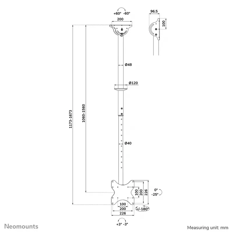 Plafondbeugel Neomounts CL35-340BL12 maximaal gewicht 50 kg voor 23–42 inch schermen