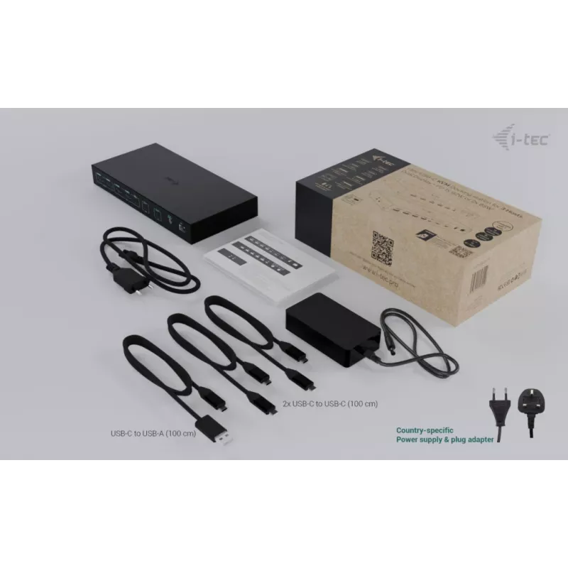 ITEC i-tec USB-C KVM Dock PRO voor drie hosts, dual-video, 2x Power Delivery (max. 92W), USB 3.2, 10 Gbit/s, Gigabit-Ethernet