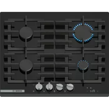 Inbouw-gaskookplaat Bosch PRP6A6H40 — 60 cm, zwart, 4 branders, draaiknoppen voor