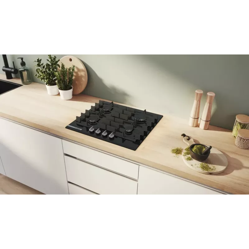 Inbouw-gaskookplaat Bosch PRP6A6H40 — 60 cm, zwart, 4 branders, draaiknoppen voor