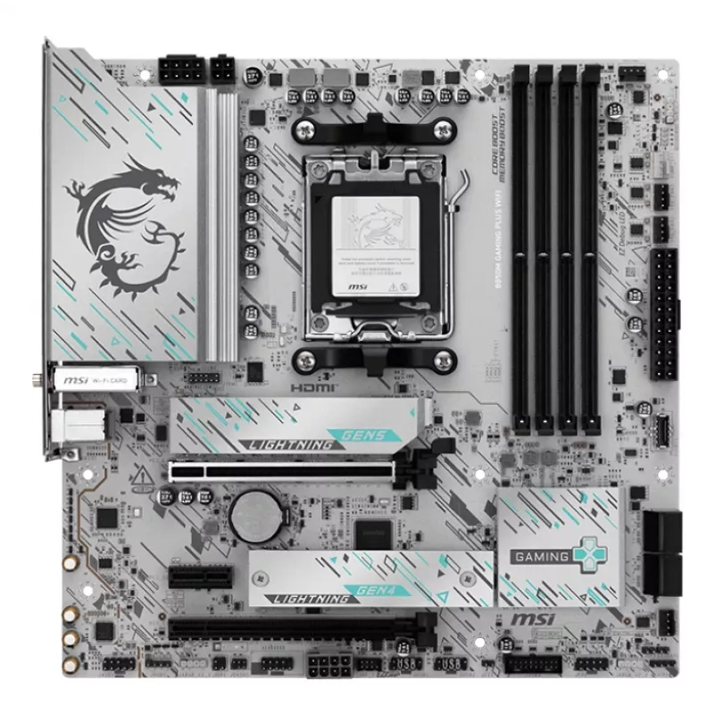 Moederbord MSI B850M GAMING PLUS WIFI — AMD B850, socket AM5, micro ATX, DDR5, 4x DIMM, 3x M.2, Wi‑Fi 7, 5 Gb LAN
