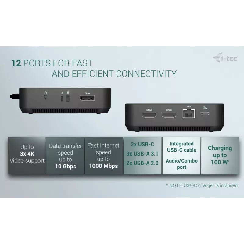 i-tec USB-C DP Dual HDMI-dockingstation met Power Delivery 100 W + universele oplader 100 W