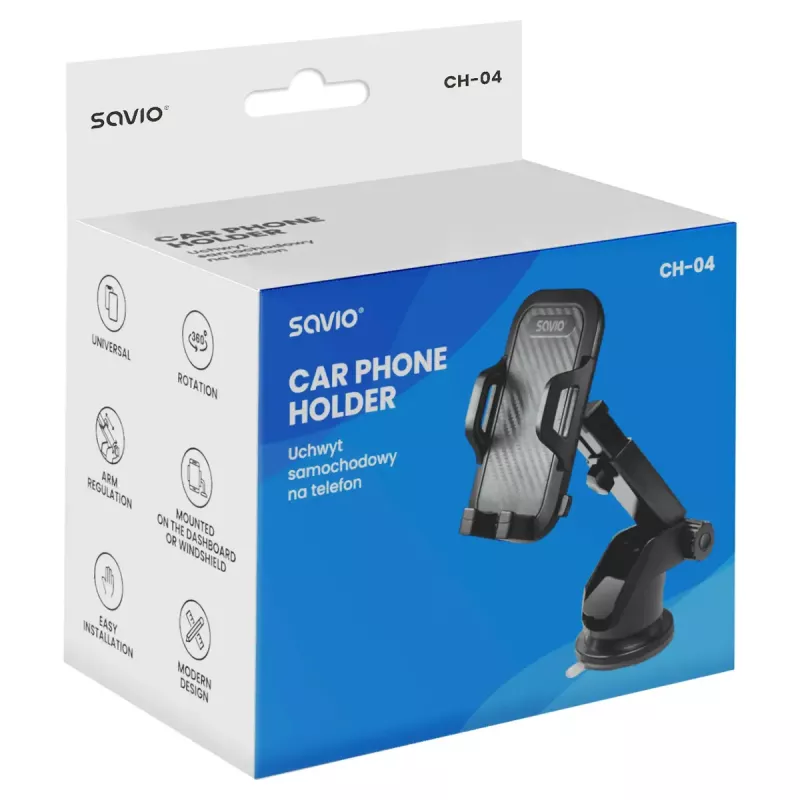 Savio CH-04 autotelefoonhouder, montage op voorruit/dashboard, zwart