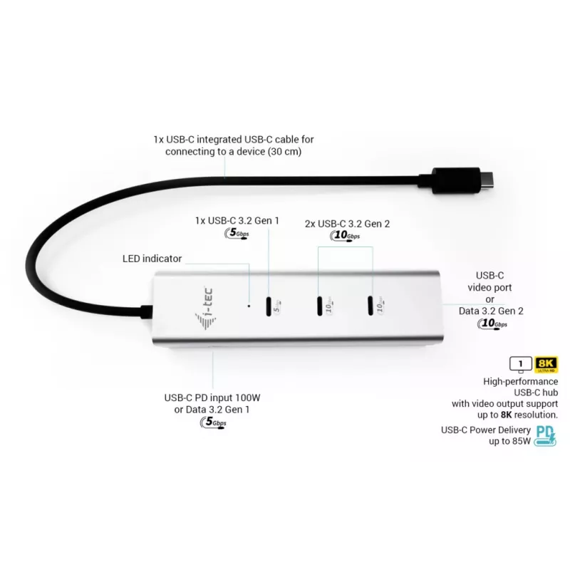 i-tec Metal USB-C Charging HUB 5-poorts met USB-C video 8K + Power Delivery 85W