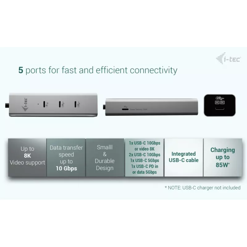 i-tec Metal USB-C Charging HUB 5-poorts met USB-C video 8K + Power Delivery 85W