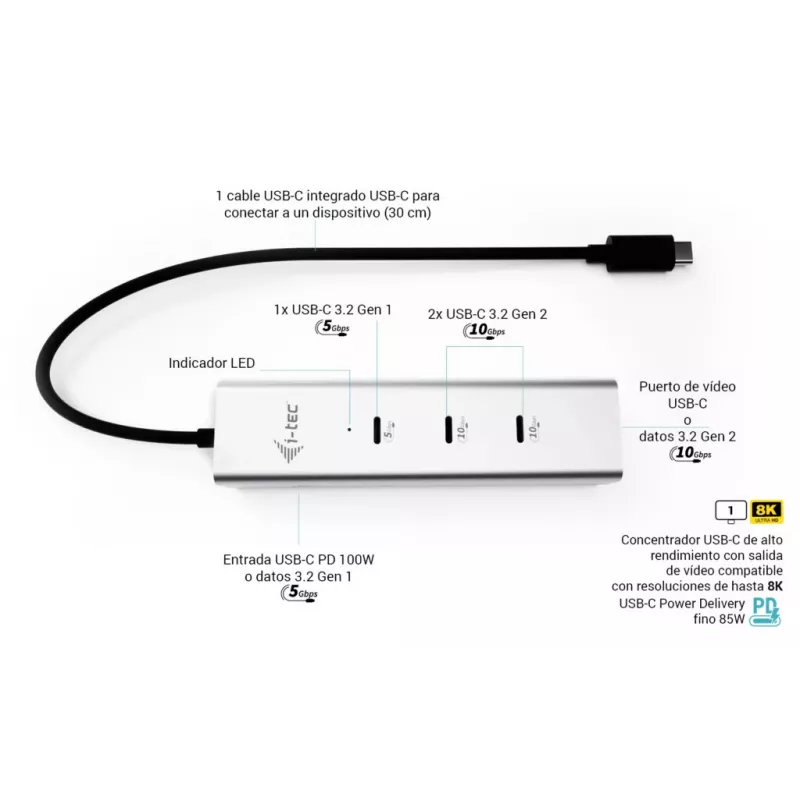 i-tec Metal USB-C Charging HUB 5-poorts met USB-C video 8K + Power Delivery 85W