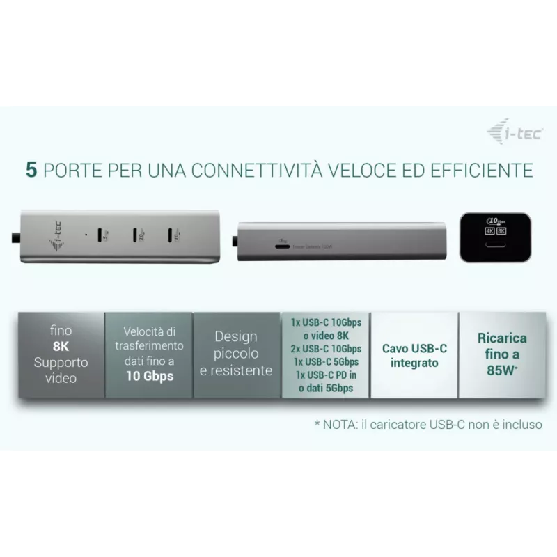 i-tec Metal USB-C Charging HUB 5-poorts met USB-C video 8K + Power Delivery 85W