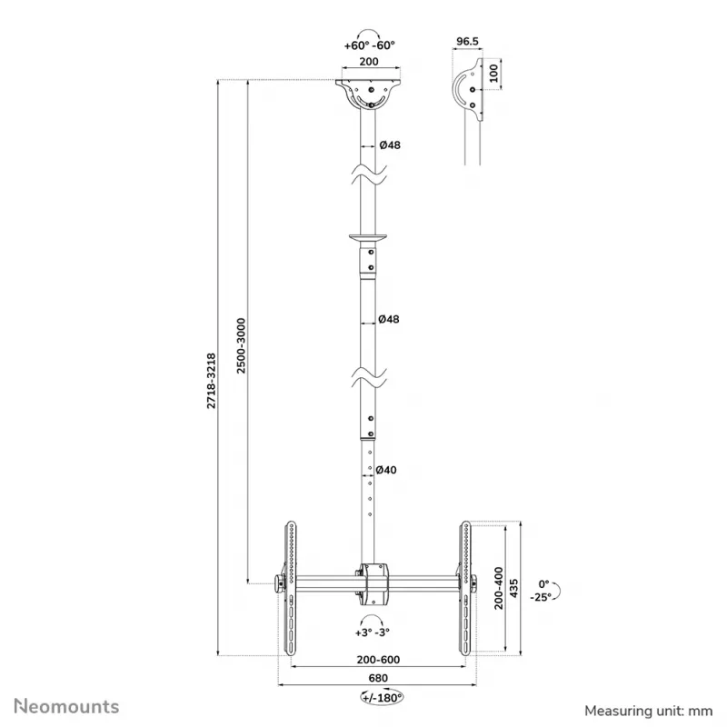 Plafondsteun Neomounts CL35-440BL16XL max 50 kg 37-70 inch