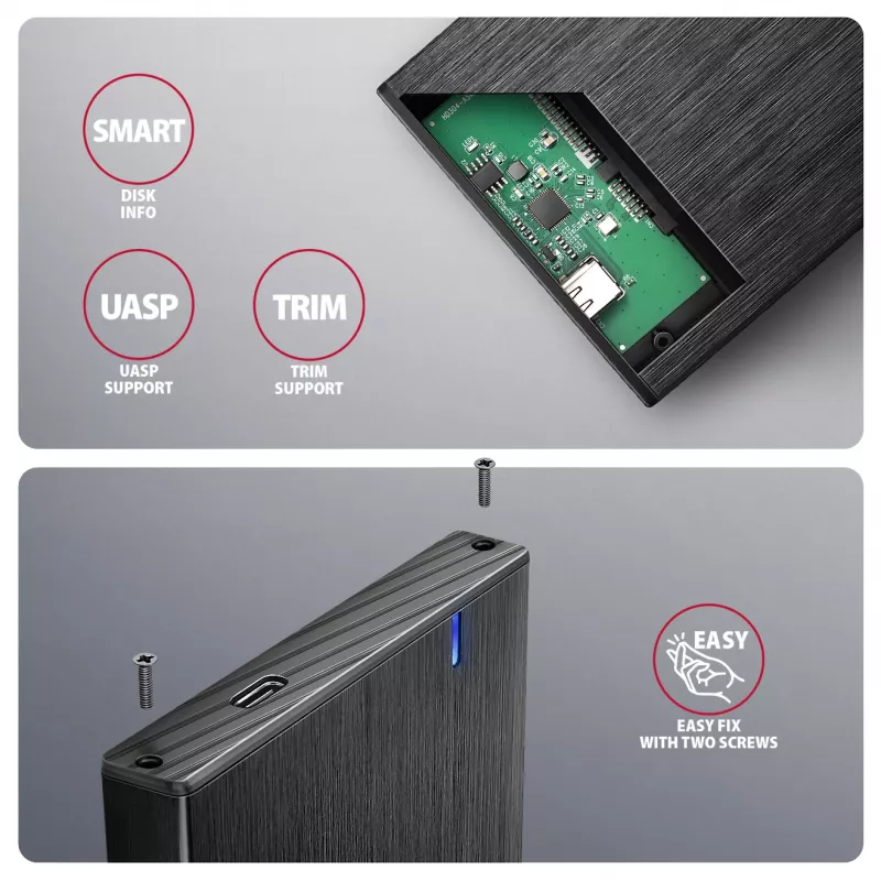 Axagon EE25-XA6C compacte aluminium USB-C 5 Gbit/s – SATA 6G externe behuizing voor 2,5 inch SSD/HDD