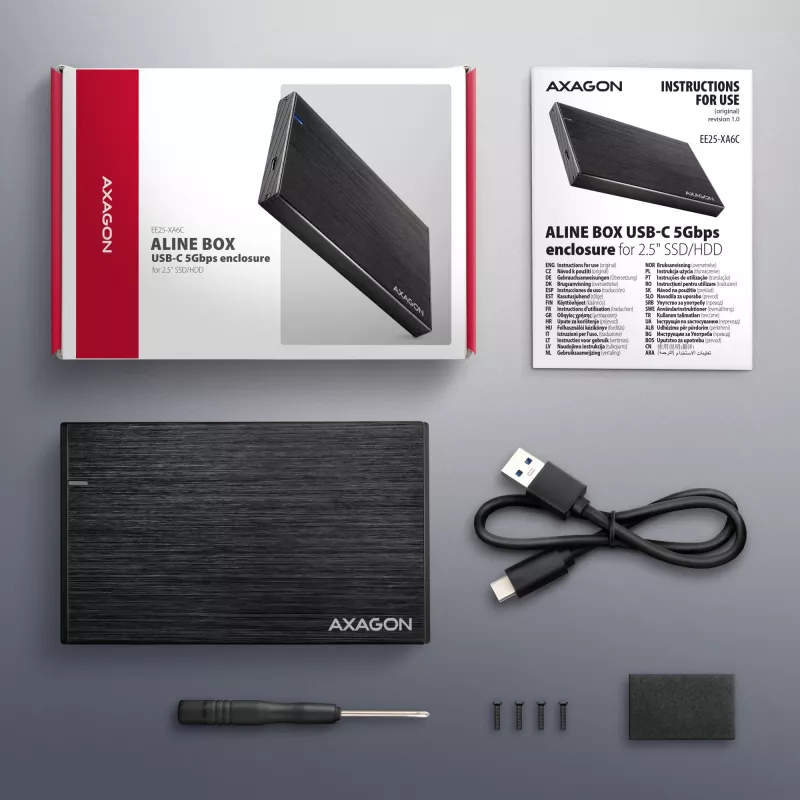 Axagon EE25-XA6C compacte aluminium USB-C 5 Gbit/s – SATA 6G externe behuizing voor 2,5 inch SSD/HDD