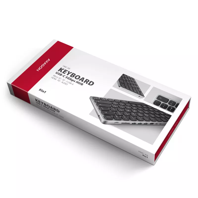 Axagon HMC-KB-NRD, USB 5Gbps hub met toetsenbord, HDMI 4K/60Hz, 3x USB-A, SD/mSD, audio, PD100, Noordse layout