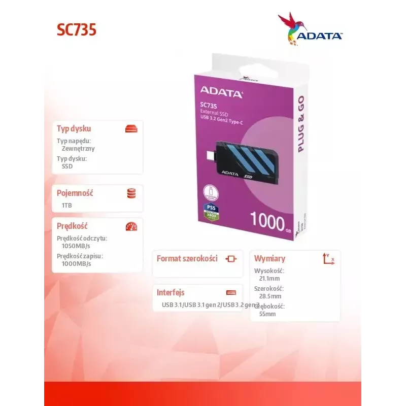 Externe SSD ADATA 1 TB 2,5 inch USB 3.2 SC735