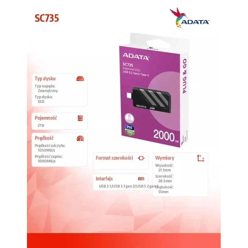 SSD-schijf ADATA 2 TB extern SC735 U3.2C grijs