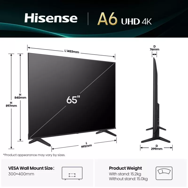 Hisense 65A6Q 65 inch (165,1 cm) 4K UHD Smart TV televisie, VIDAA, HDR10+, Dolby Vision, wifi, Bluetooth, zwart