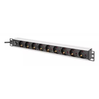 DIGITUS PDU - 1U aluminium rackmount 8x CEE 7/7 stopcontact 1x stopcontact 10A stekker 250VAC 50/60Hz IEC C14 stekker voorzekering