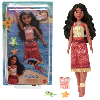 Disney Vaiana 2 speelgoed, drijvende Tautai Vaiana modepop met 2 accessoires & van kleur veranderend bovenstuk