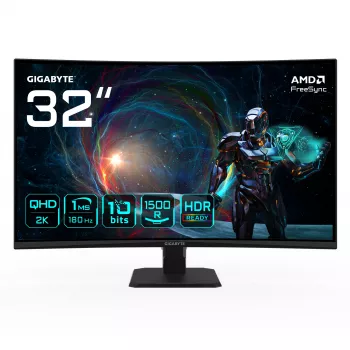 GIGABYTE GS32QCA 80 cm (31,5 inch) QHD Curved Gaming Monitor – 2560 x 1440, 180 Hz, 1 ms, 250 cd/m², FreeSync, HDR-gereed, HDMI 2.0, DisplayPort 1.4
