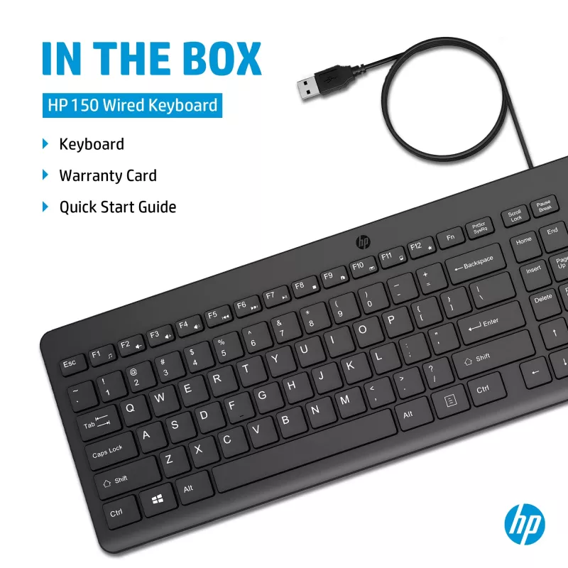 HP 150 bedrade toetsenbord, full-size (100%), bedraad, USB, mechanisch, QWERTY, zwart