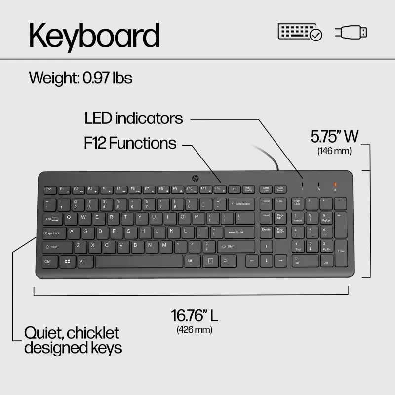 HP 150 bedrade toetsenbord, full-size (100%), bedraad, USB, mechanisch, QWERTY, zwart