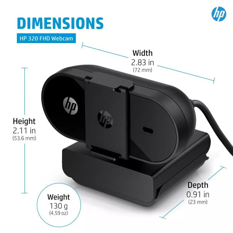 HP 320 FHD-webcam, 1920 x 1080 pixel, Full HD, 30 fps, thuis, USB, zwart