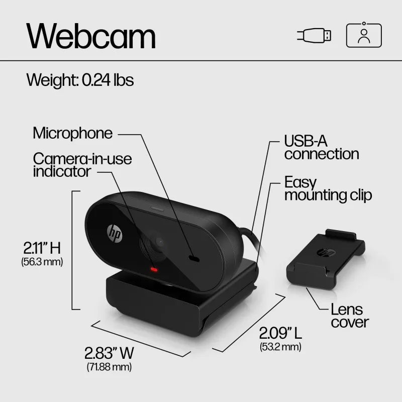HP 320 FHD-webcam, 1920 x 1080 pixel, Full HD, 30 fps, thuis, USB, zwart