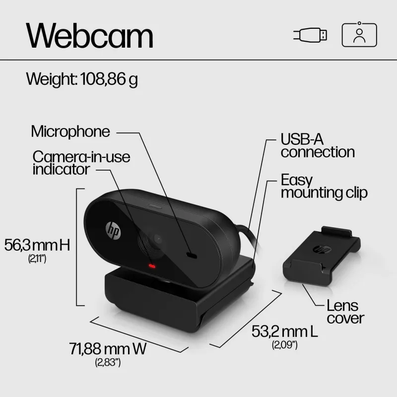 HP 320 FHD-webcam, 1920 x 1080 pixel, Full HD, 30 fps, thuis, USB, zwart