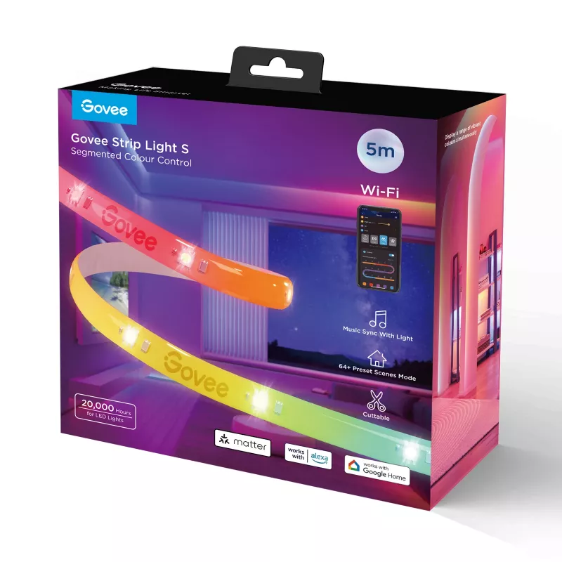 Slimme LED-strip Govee Strip Light S 5m – WLAN/Bluetooth, RGBIC, 5.000 mm, wit