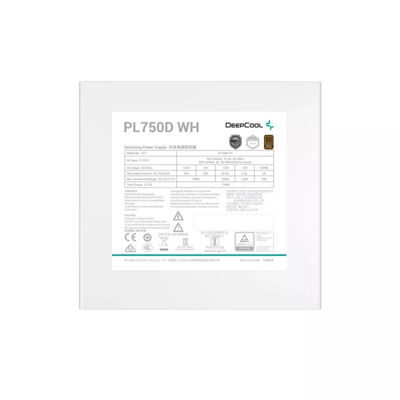 Voeding DeepCool PL750D WH — 750 W, ATX 20+4-pin, 80 PLUS Bronze, 120mm-ventilator, wit