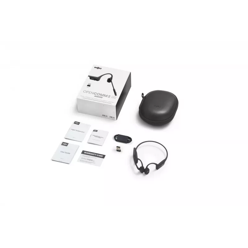 Headset Shokz OpenComm2 UC 2025 — draadloze botgeleiding-oortelefoon-headset, 16 uur gesprekstijd, USB Type-A/Type-C, ANC, 29 m bereik, zwart