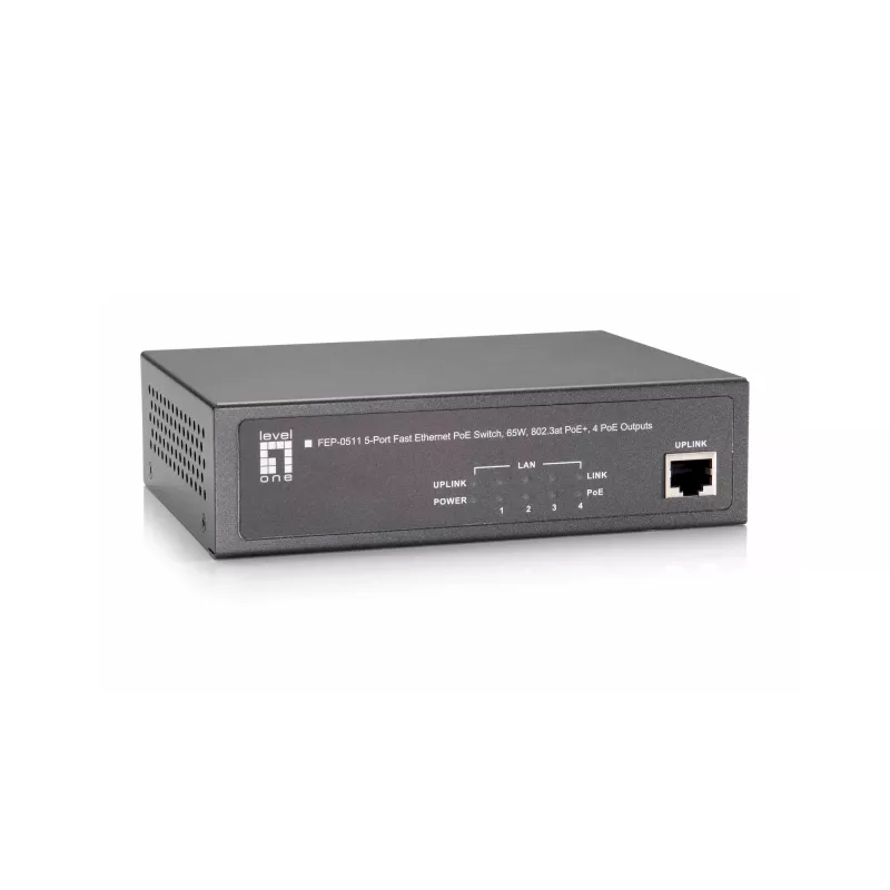 LevelOne 5-poorts Fast Ethernet PoE-switch, 802.3at/af PoE, 4 PoE-uitgangen, 65W