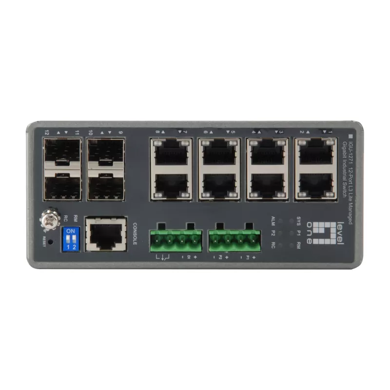 LevelOne IGU-1271 TURING industriële L3 Lite beheerde Gigabit-switch, 12 poorten (8 x RJ45, 4 x SFP), DIN-rail, DC