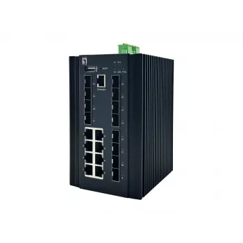 LevelOne 20-poorts L2 Plus managed industriële switch, 8 x 1GbE RJ45, 8 x 1GbE SFP, 4 x 1/2.5/10GbE SFP+, DIN-rail, -40°C tot 80°C