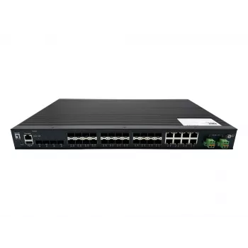 LevelOne 28-poorts L2 Plus managed gigabit fiber industriële switch, 4x 1,25/2,5GbE SFP, 16x 1,25GbE SFP, 8x gigabit SFP/RJ45 combo, redundante voeding, -40°C tot 80°C