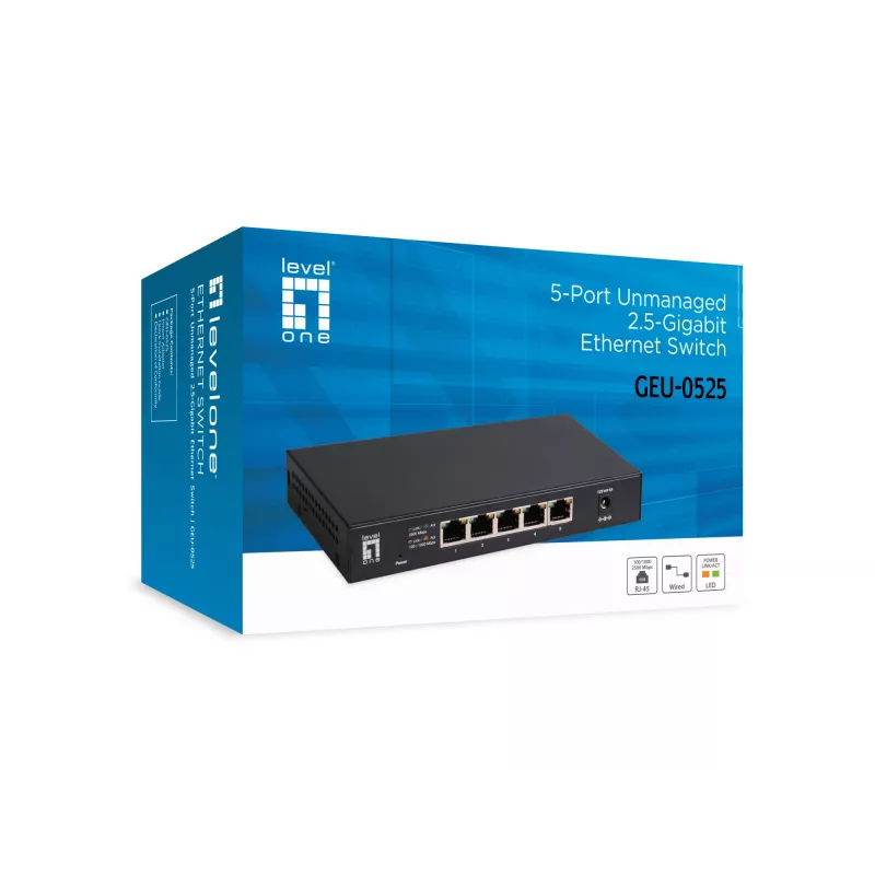 5-poorts unmanaged 2.5G Ethernet-switch LEVELONE GEU-0525 — 5× 2.5G RJ-45, unmanaged, 25 Gbit/s switching, wandmontage