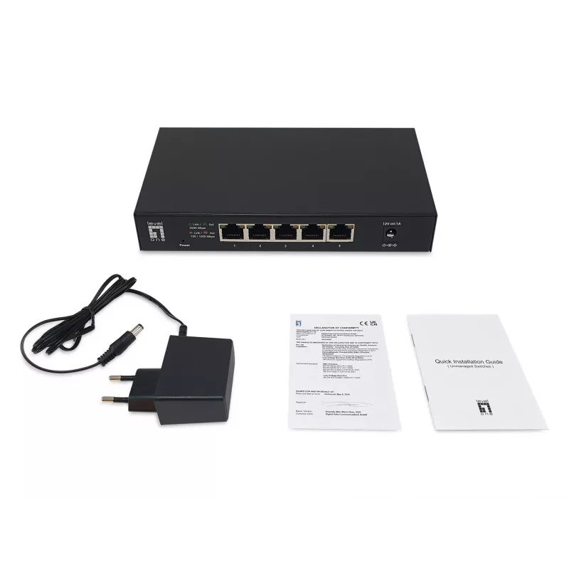 5-poorts unmanaged 2.5G Ethernet-switch LEVELONE GEU-0525 — 5× 2.5G RJ-45, unmanaged, 25 Gbit/s switching, wandmontage