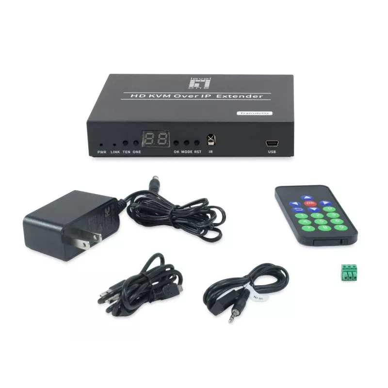 AV-zender LEVELONE HVE-6701T — HDMI 1.3b, tot 1920×1080, Cat5e/Cat6/Cat7, mini-USB, 12 V DC