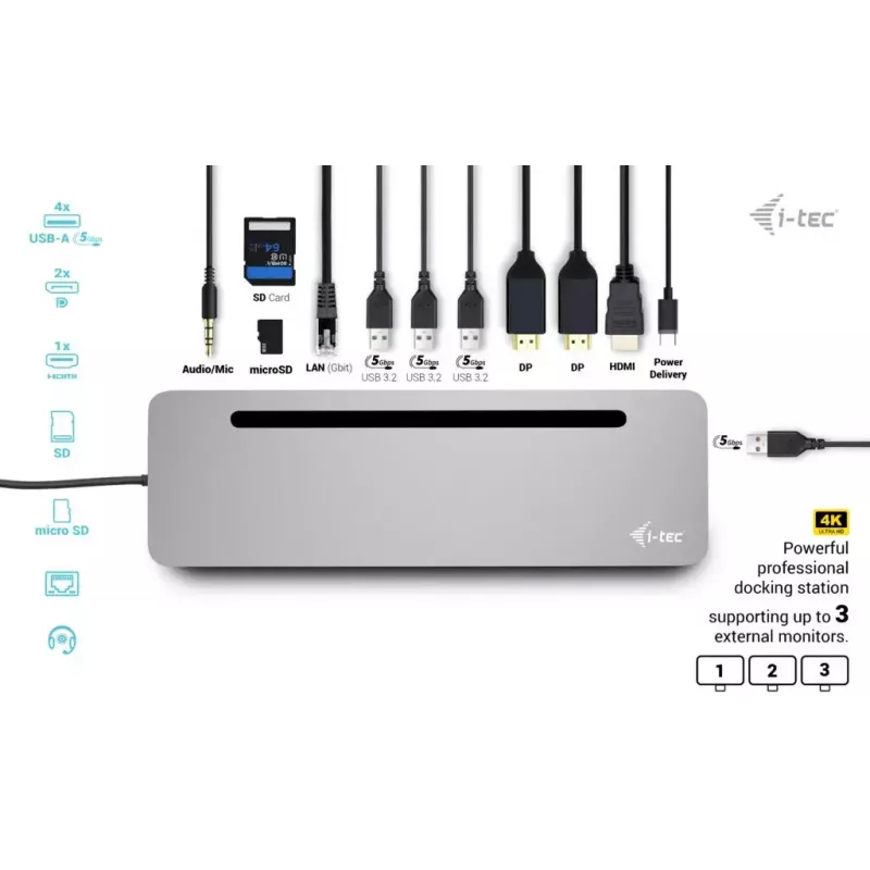 i-tec USB-C metalen ergonomische 3x 4K display dockingstation + Power Delivery 100 W