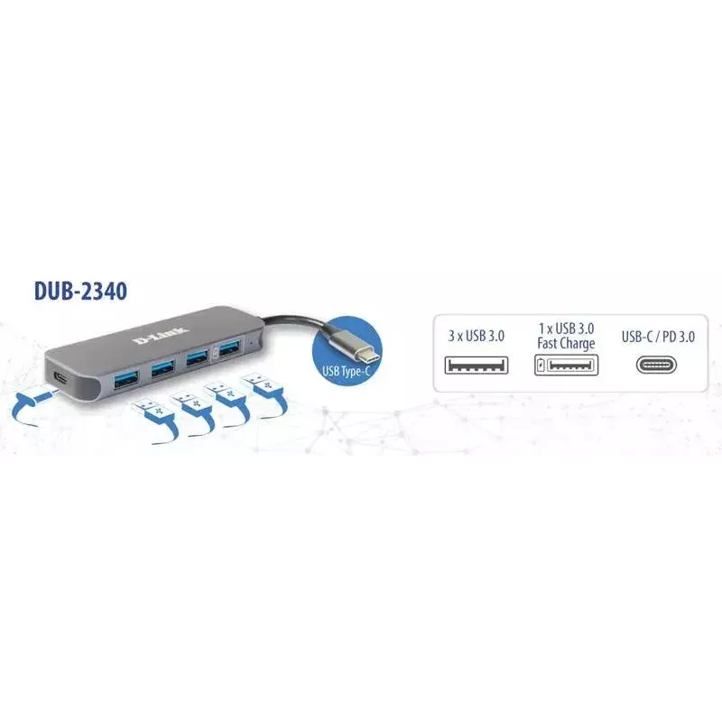 USB-hub D-Link DUB-2340 USB-C 4-poorts USB 3.0 Power Delivery 60W
