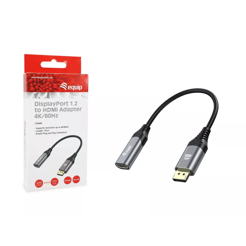 Equip DisplayPort 1.2 naar HDMI-adapter, 4K/60Hz, 0,15 m, DisplayPort, HDMI, stekker, bus, recht